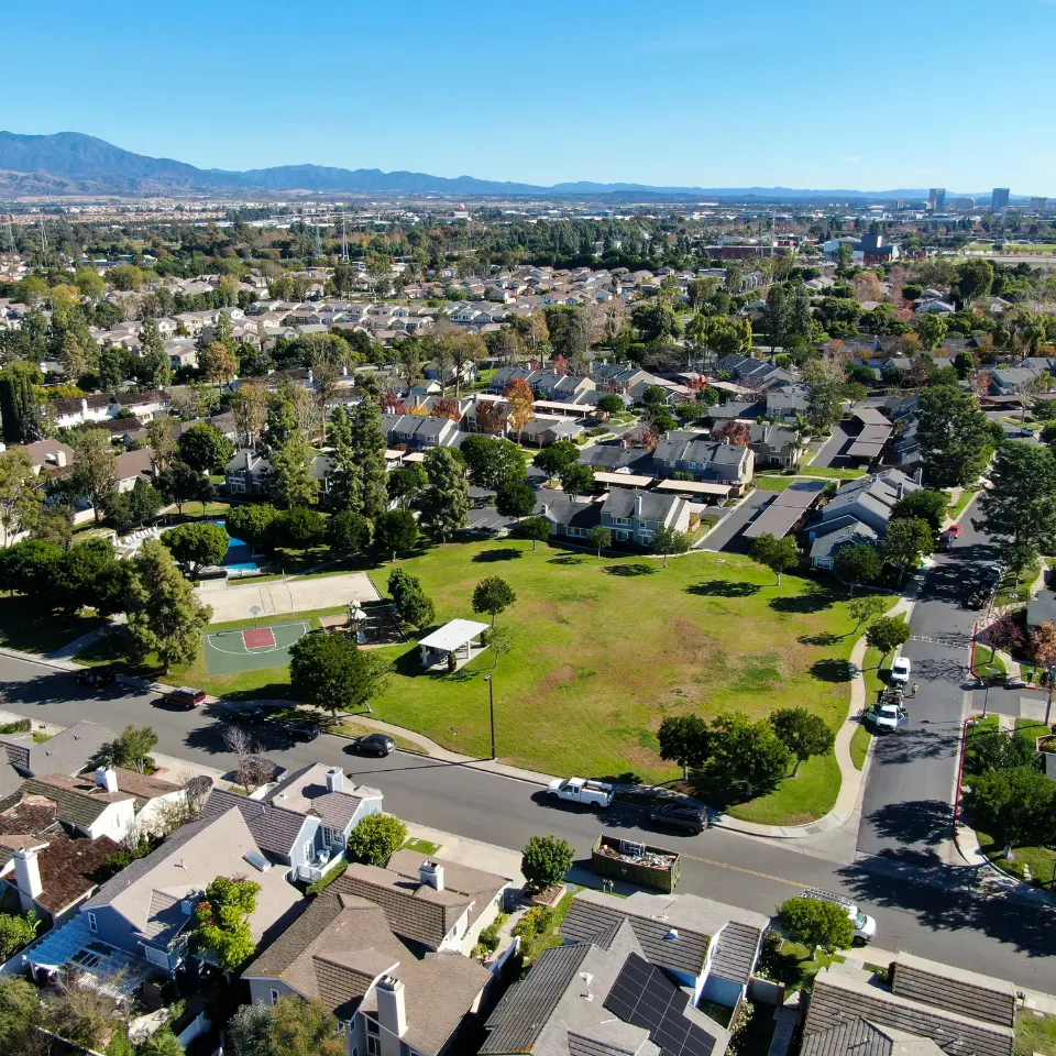 Aerial view of residential neighborhood in Irvine, California